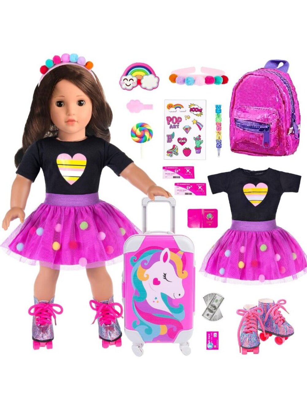 18" Doll Clothes & Accessories Set - Travel Suitcase, Clothing, Backpack